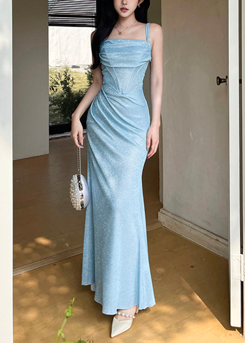 Dinner Blue Wrinkled Original Design Spaghetti Strap Dress Sleeveless YT027