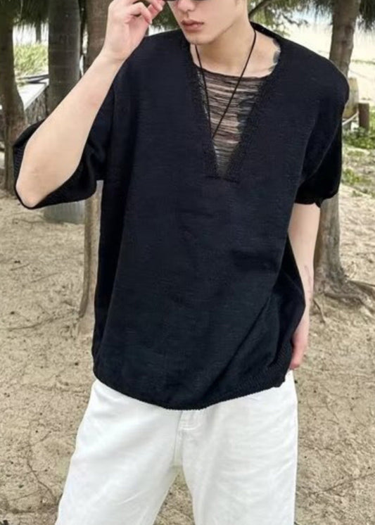 Cotton Summer Diy Neck T V White Ripped Men Shirt