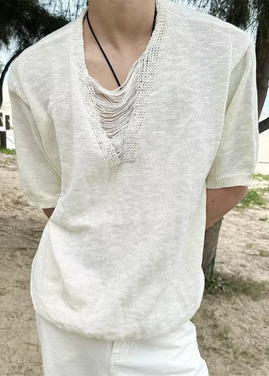 Cotton Summer Diy Neck T V White Ripped Men Shirt