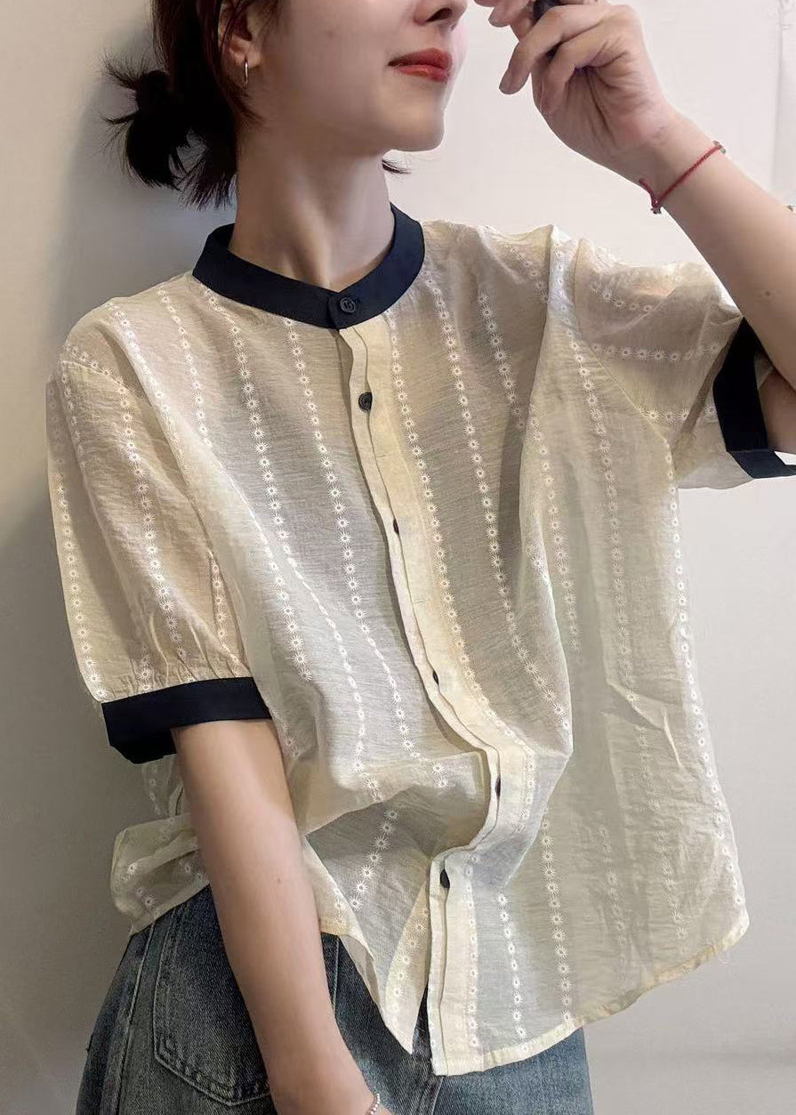 Embroidered Button Cotton Apricot Summer Elegant Shirts