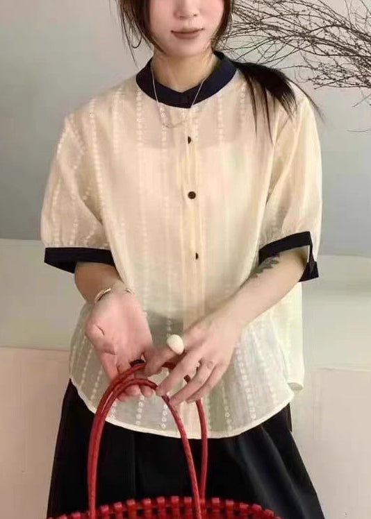 Embroidered Button Cotton Apricot Summer Elegant Shirts