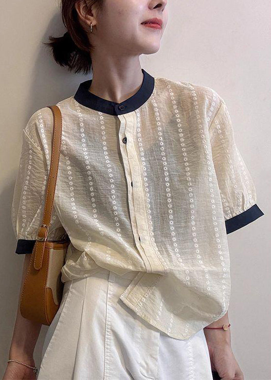 Embroidered Button Cotton Apricot Summer Elegant Shirts
