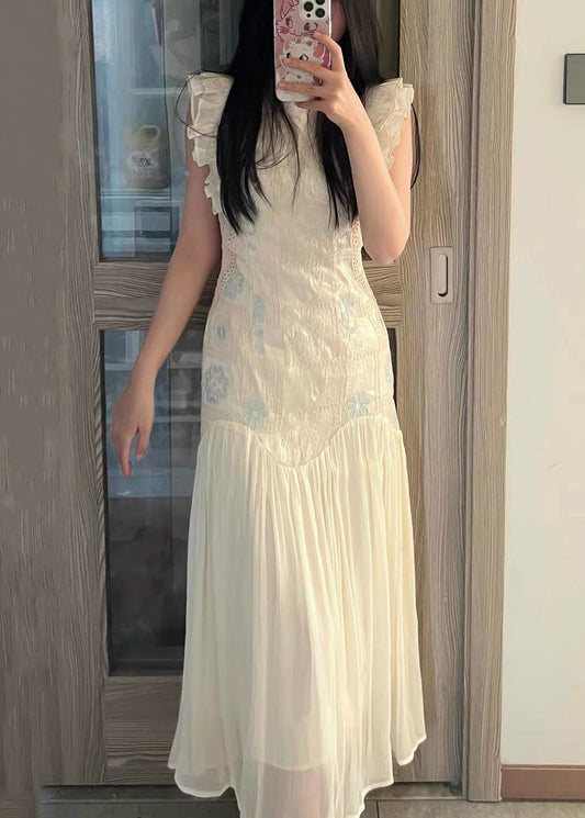 Summer Wrinkled Dress Elegant Apricot Patchwork Embroidered Long