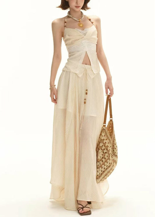 Skirts Two Patchwork Lace Apricot Elegant And Tops Pieces Set