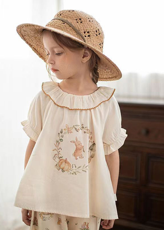 Elegant Apricot Print Kids Girls Shirt Puff Sleeve SS1028