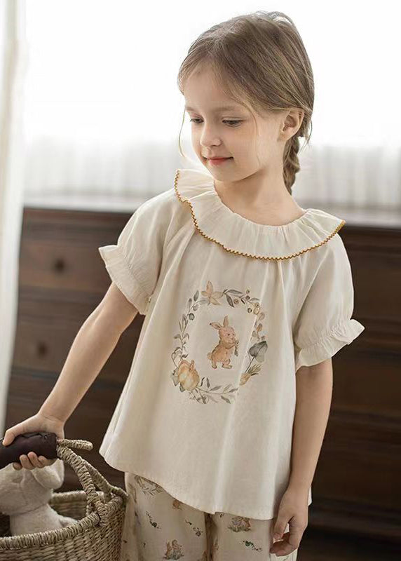 Elegant Apricot Print Kids Girls Shirt Puff Sleeve SS1028