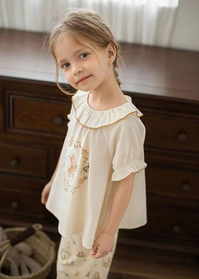 Elegant Apricot Print Kids Girls Shirt Puff Sleeve SS1028