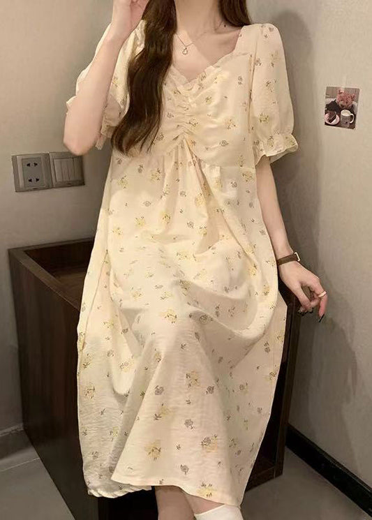 Elegant Apricot Print Ruffled Cotton Pajamas Dress V Neck Summer YK009