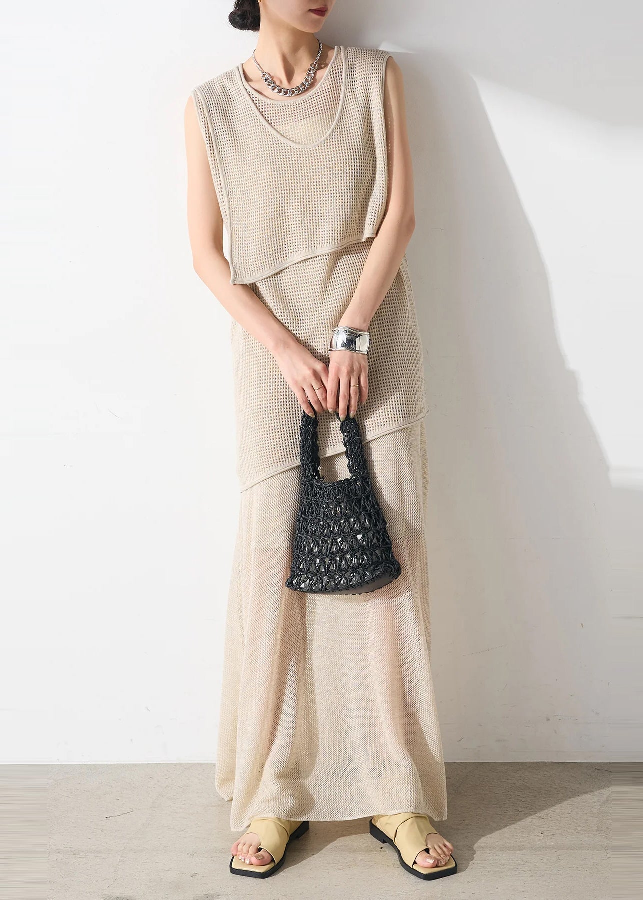 Tulle Outfits Piece Hollow Two Set Elegant Beige Asymmetrical Out