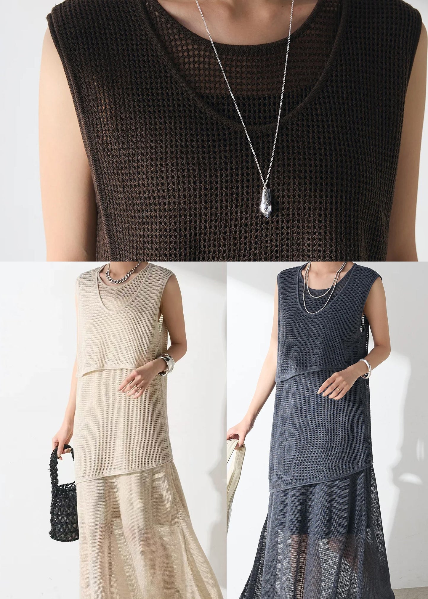 Tulle Outfits Piece Hollow Two Set Elegant Beige Asymmetrical Out