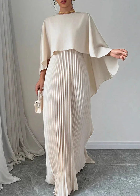 Batwing Sleeve Dress Beige Long Patchwork Asymmetrical Elegant