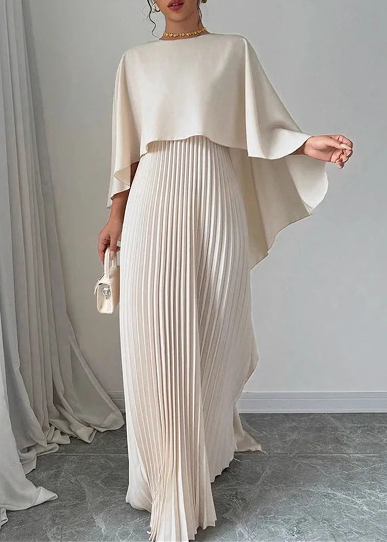 Batwing Patchwork Elegant Asymmetrical Long Sleeve Dress Beige