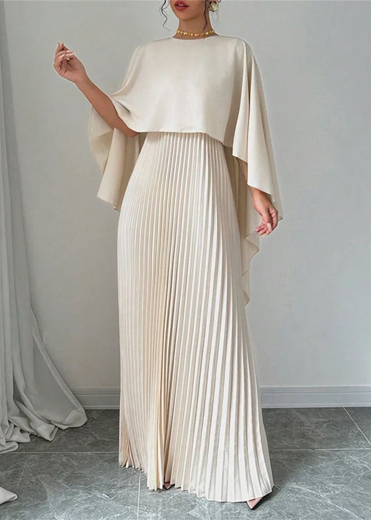 Batwing Sleeve Dress Beige Long Patchwork Asymmetrical Elegant