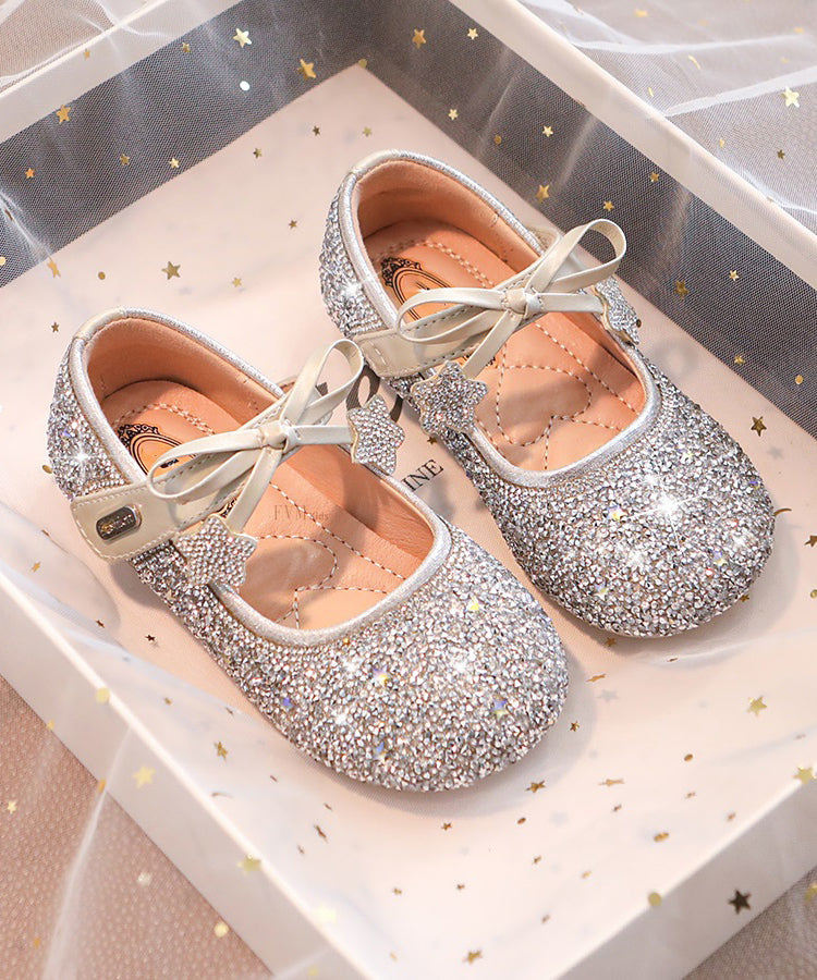 Bow Flats Buckle Strap Girls Crystal Beige Elegant