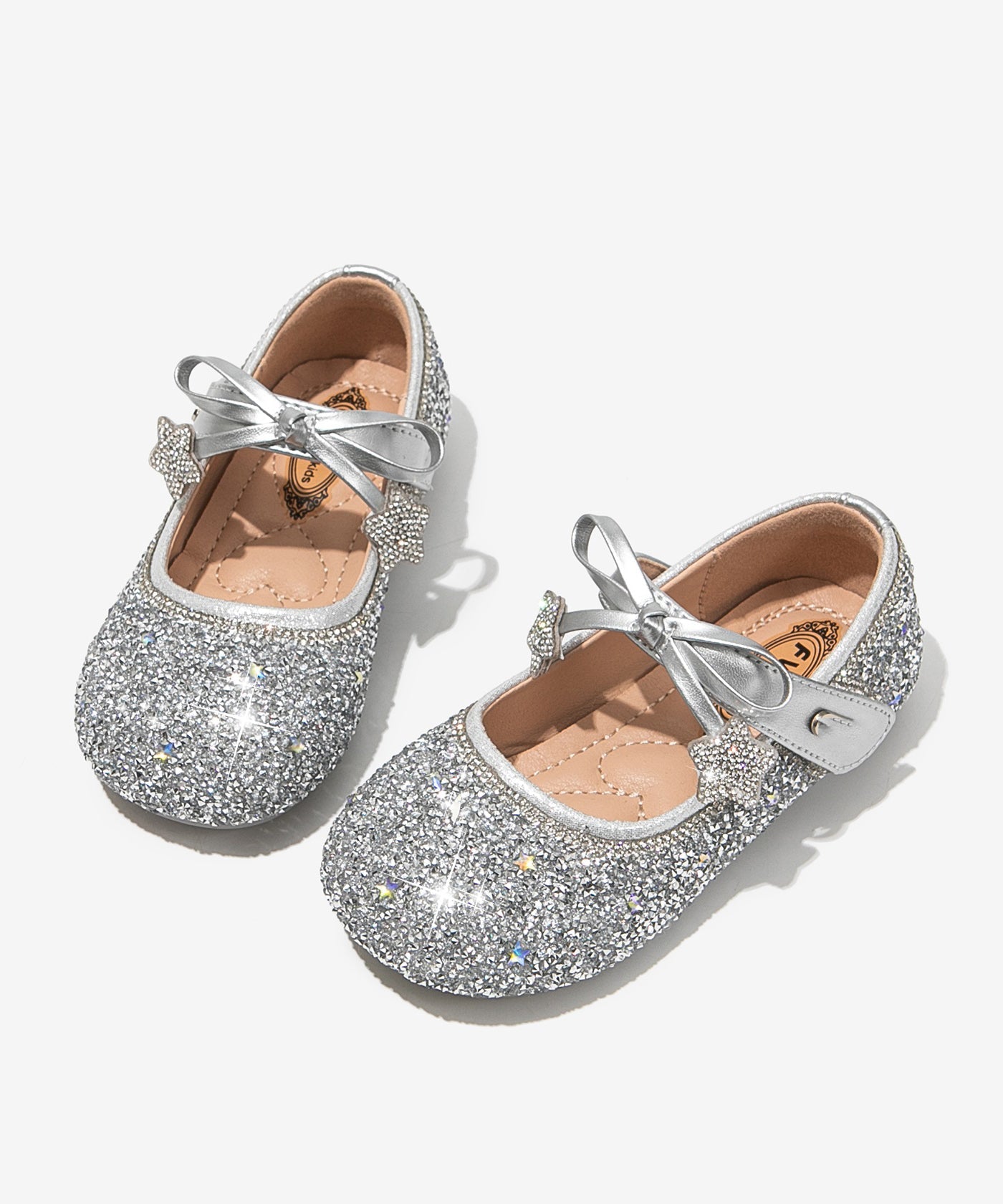 Bow Flats Buckle Strap Girls Crystal Beige Elegant