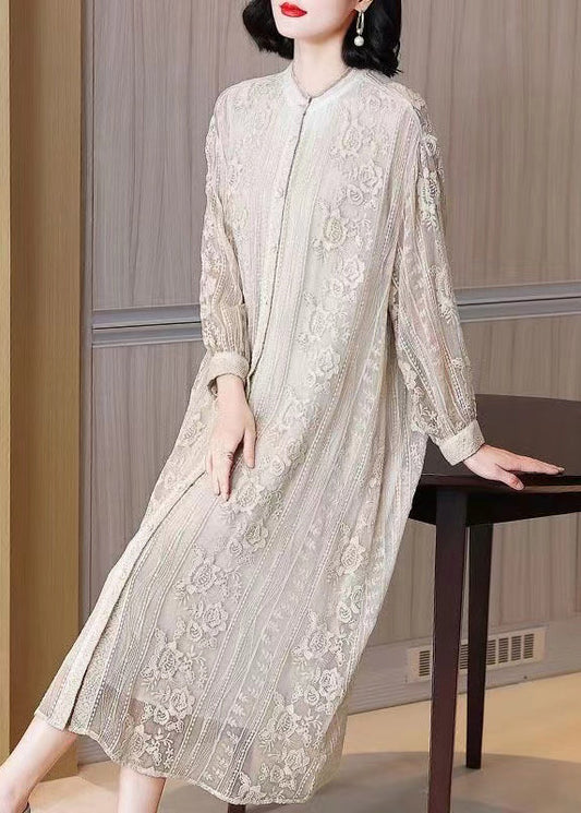Elegant Beige Embroidered Button Silk Long Dresses Long Sleeve OP1091