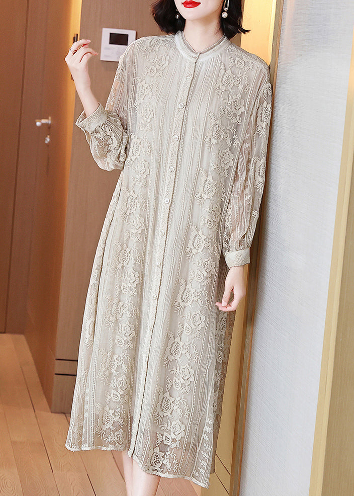 Elegant Beige Embroidered Button Silk Long Dresses Long Sleeve OP1091