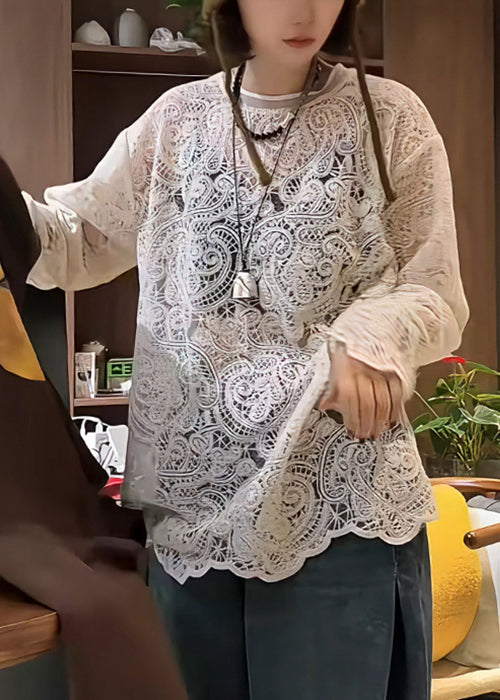 Spring Hollow Out Embroidered T Elegant Beige Shirt Lace
