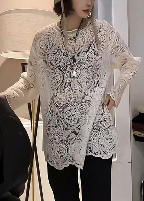 Spring Hollow Out Embroidered T Elegant Beige Shirt Lace