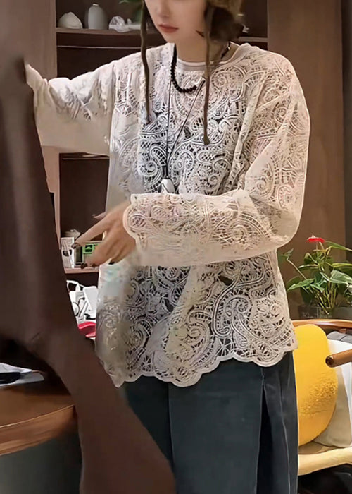 Spring Hollow Out Embroidered T Elegant Beige Shirt Lace