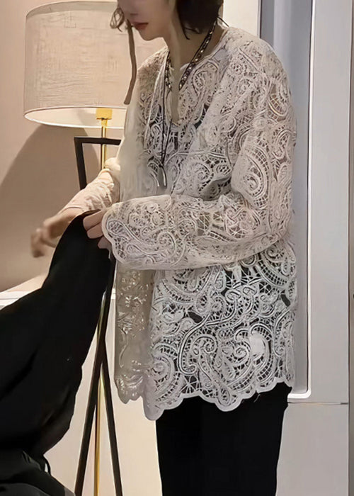 Spring Hollow Out Embroidered T Elegant Beige Shirt Lace