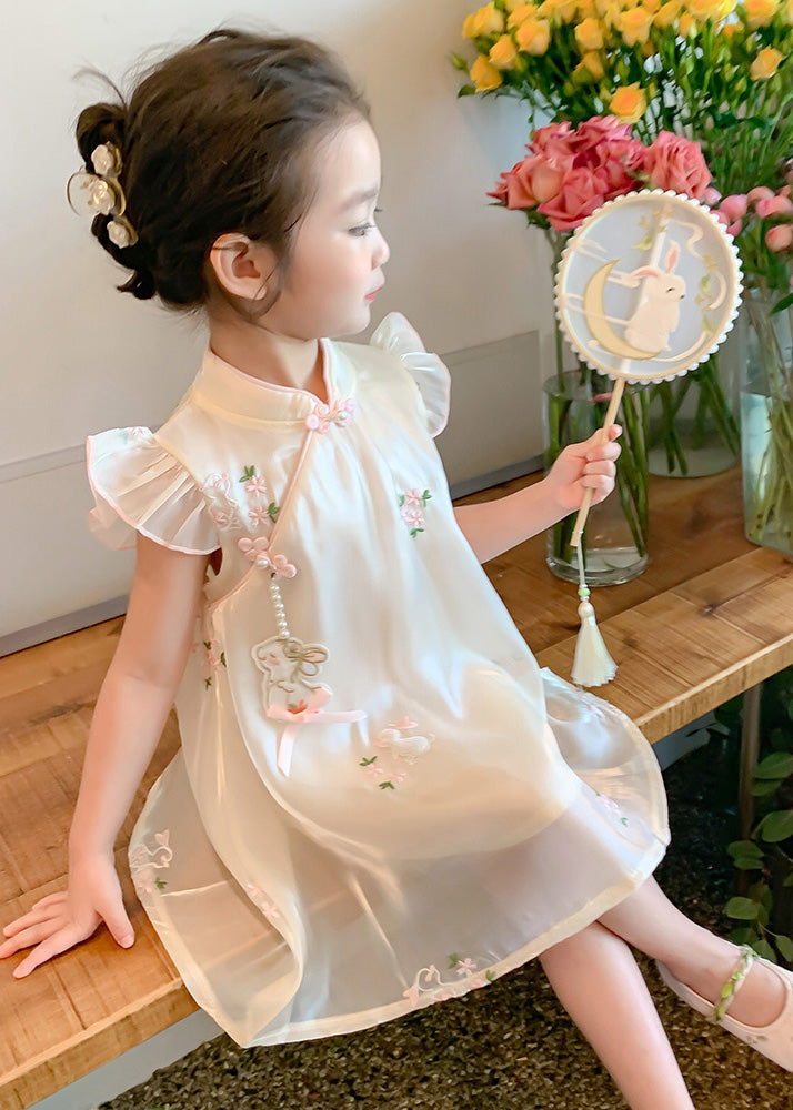 Elegant Beige Embroideried Button Tulle Girls Long Dresses Summer MN014