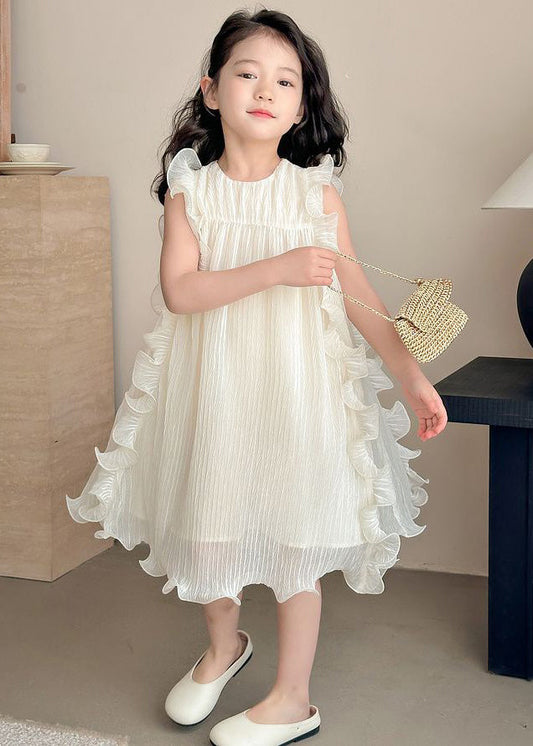 Elegant Beige Ruffled Solid Spandex Girls Dresses Sleeveless TT003