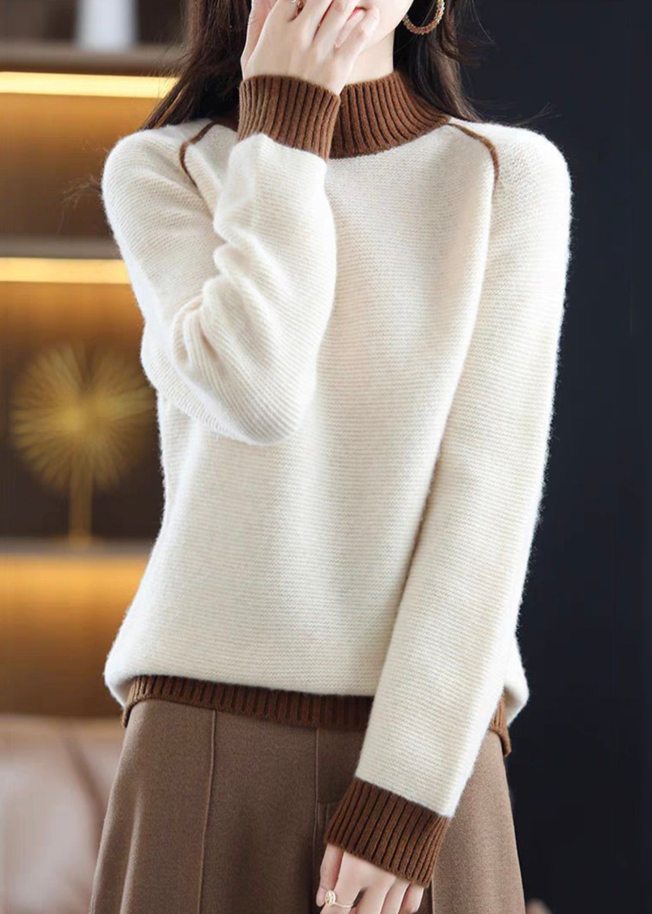 Elegant Beige Turtleneck Cozy Patchwork Wool Knit Sweaters Fall QI047