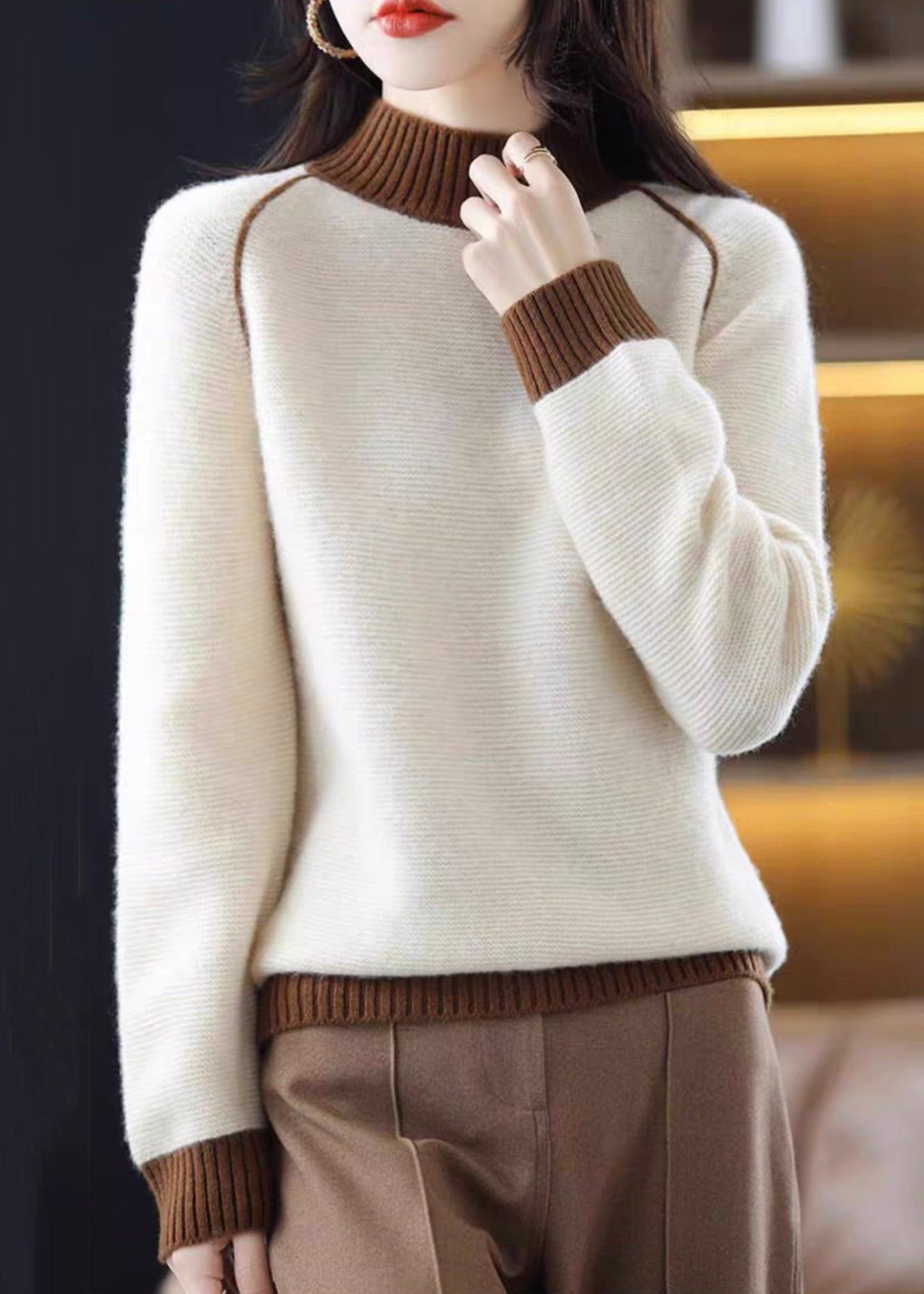 Elegant Beige Turtleneck Cozy Patchwork Wool Knit Sweaters Fall QI047