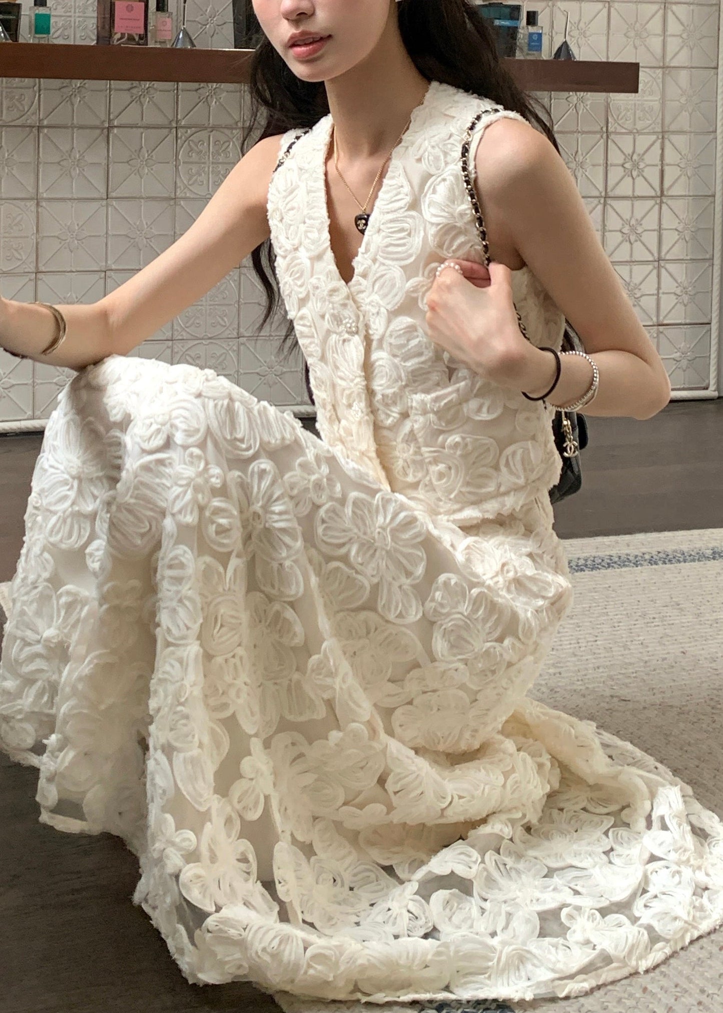 Beige Cotton Elegant Pieces Waist High Floral Neck V Two Set