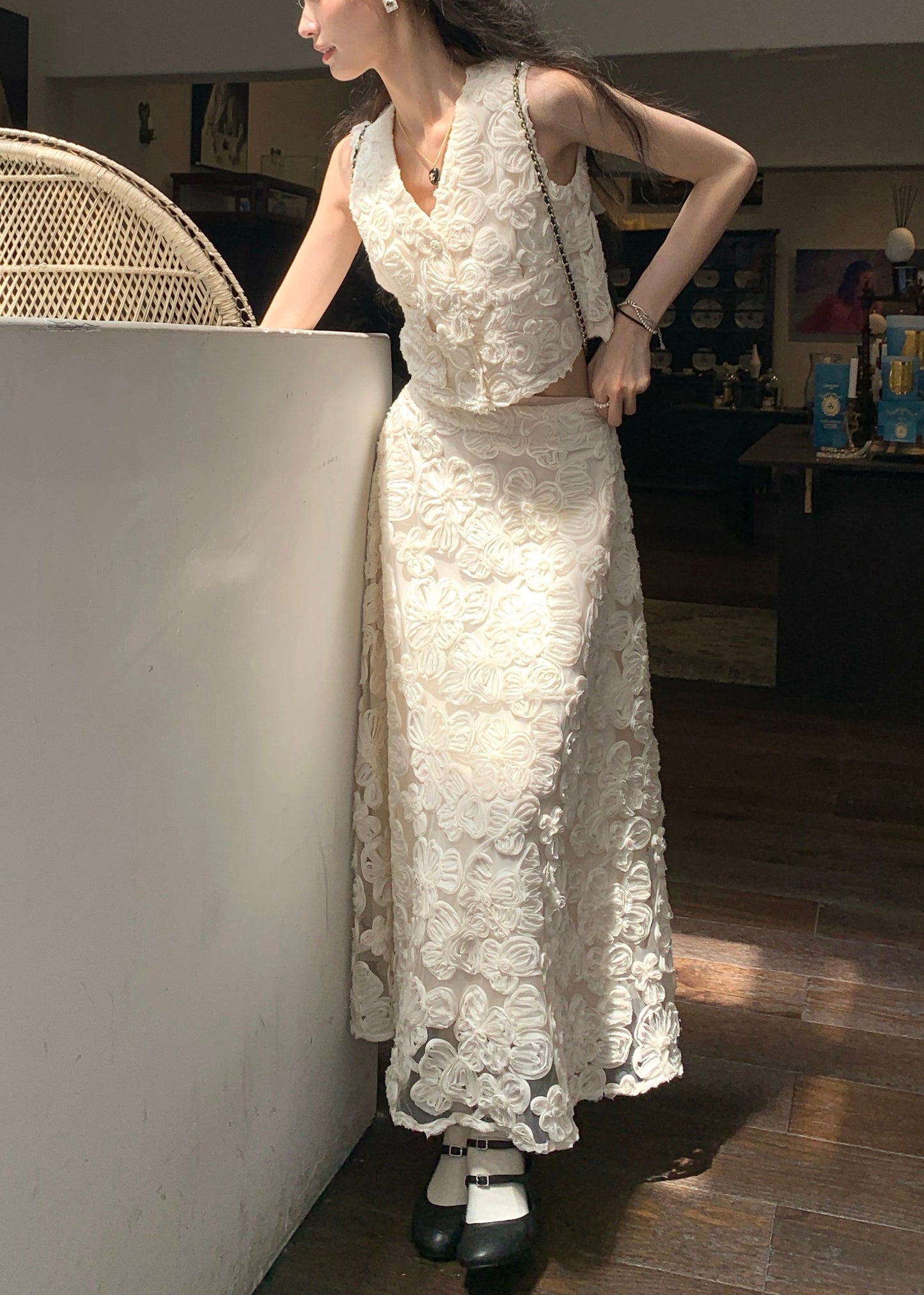 Beige Cotton Elegant Pieces Waist High Floral Neck V Two Set