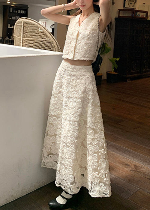 Beige Cotton Elegant Pieces Waist High Floral Neck V Two Set