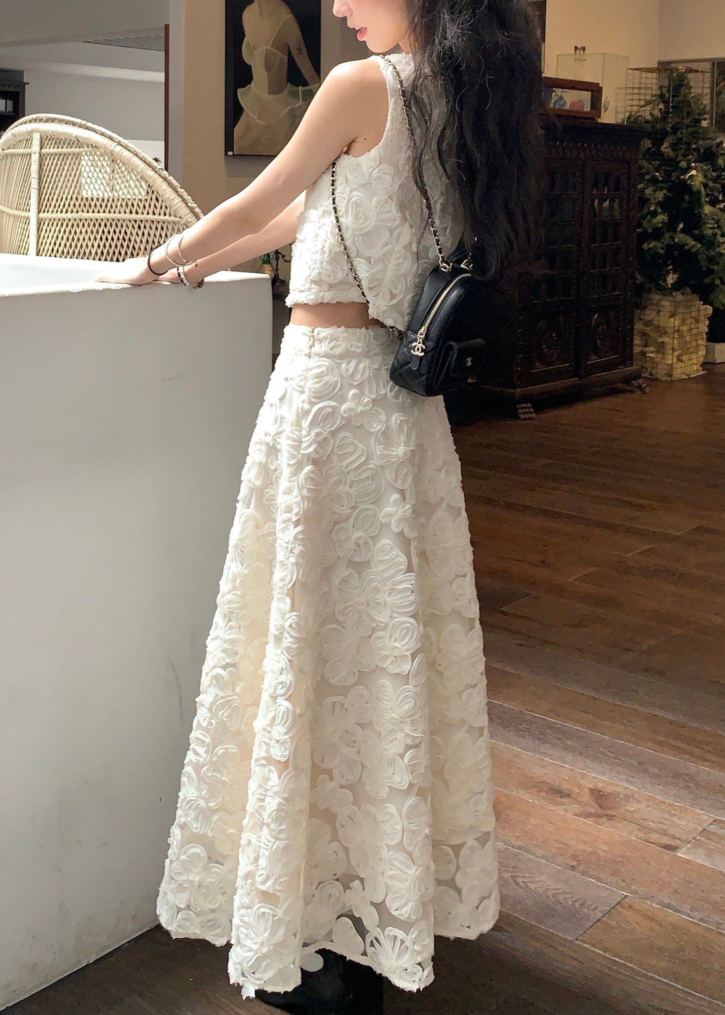 Beige Cotton Elegant Pieces Waist High Floral Neck V Two Set