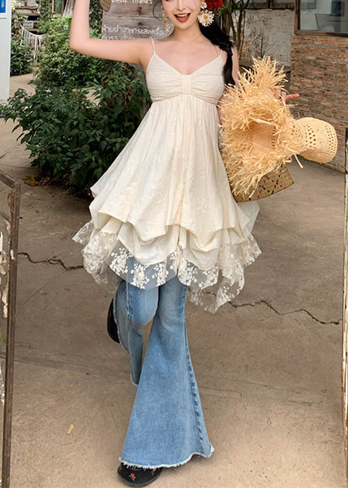 Neck Sleeveless Beige V Elegant Lace Cotton Mini Dresses