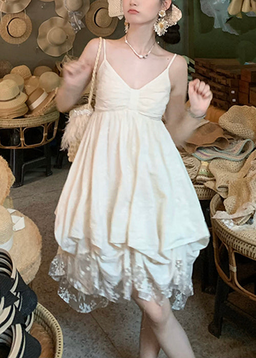 Neck Sleeveless Beige V Elegant Lace Cotton Mini Dresses