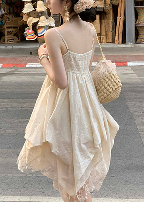 Neck Sleeveless Beige V Elegant Lace Cotton Mini Dresses