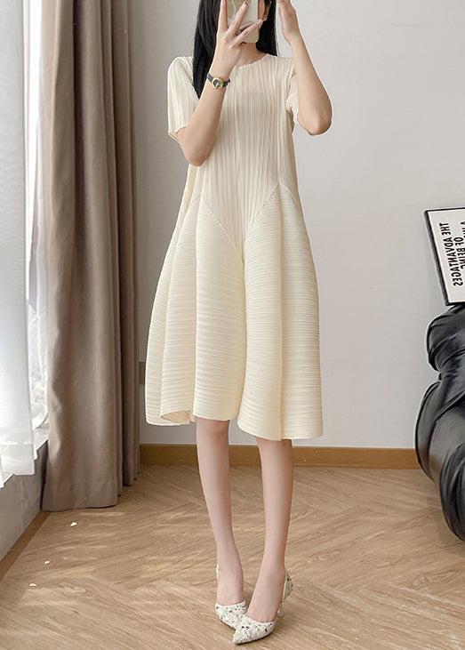 Wrinkled Cotton Solid High Elegant Dresses Waist Beige