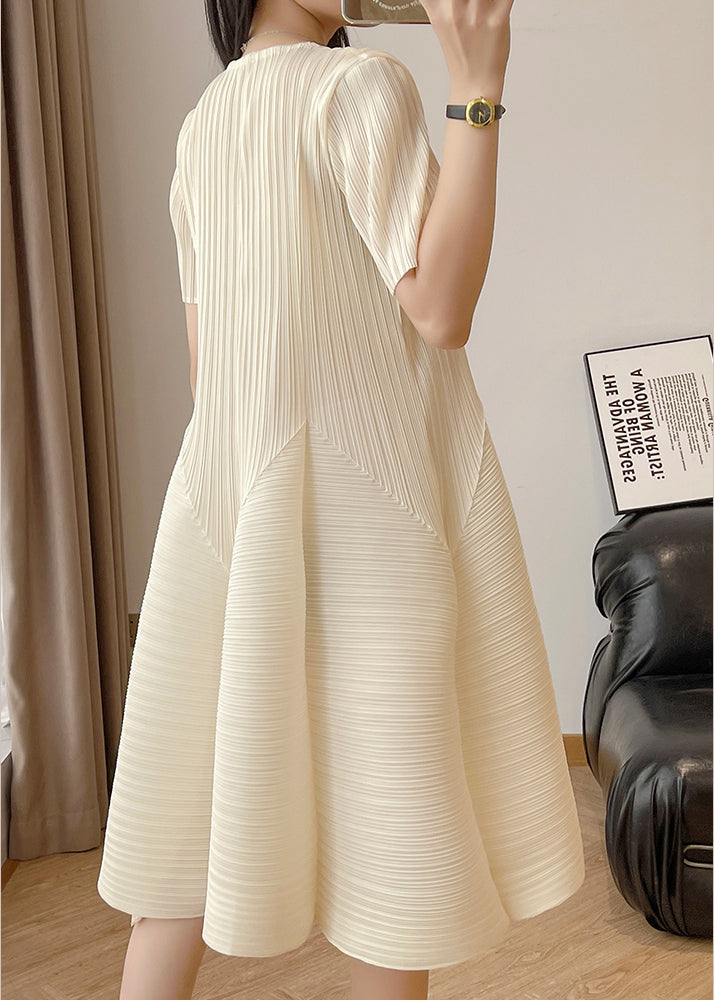 Wrinkled Cotton Solid High Elegant Dresses Waist Beige