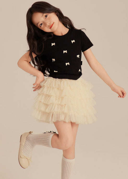 Elegant Black Bow Girls Top And Beach Skirts Two Pieces Set Summer SS1001