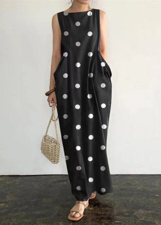 Elegant Black Dot Print Pockets Long Dresses Sleeveless VB1053