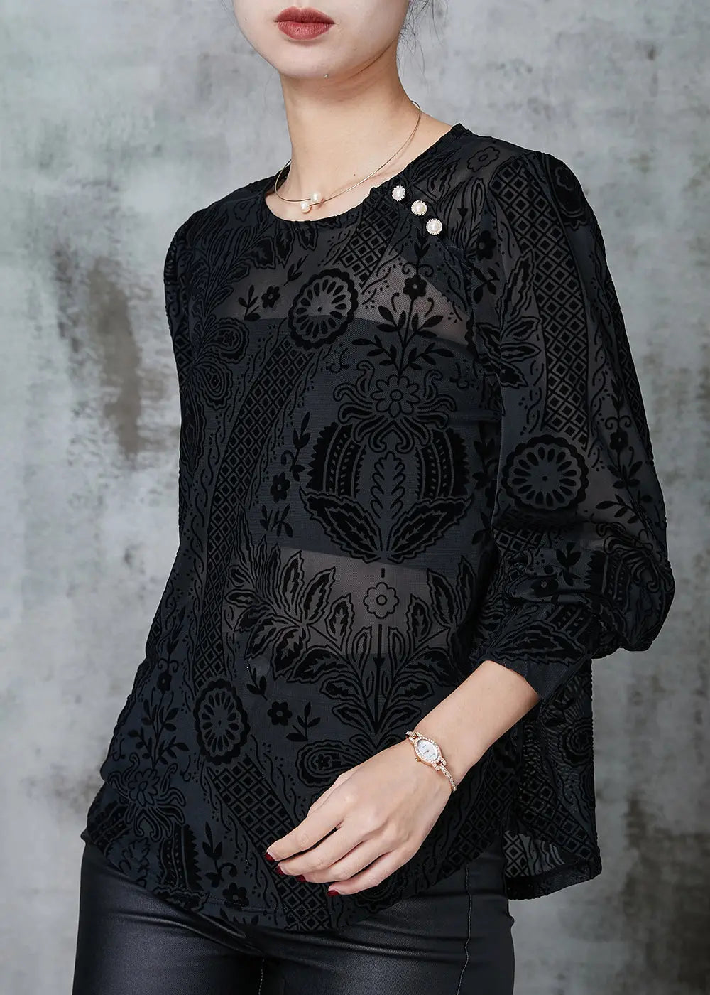 Elegant Black O-Neck Jacquard Lace Tops Spring Ada Fashion