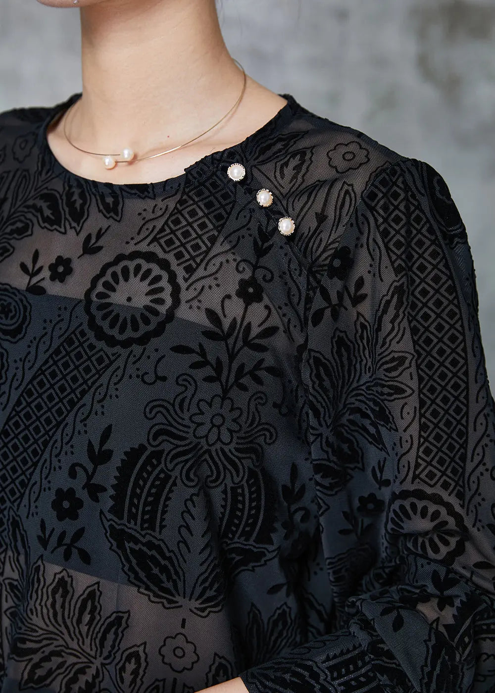 Elegant Black O-Neck Jacquard Lace Tops Spring Ada Fashion