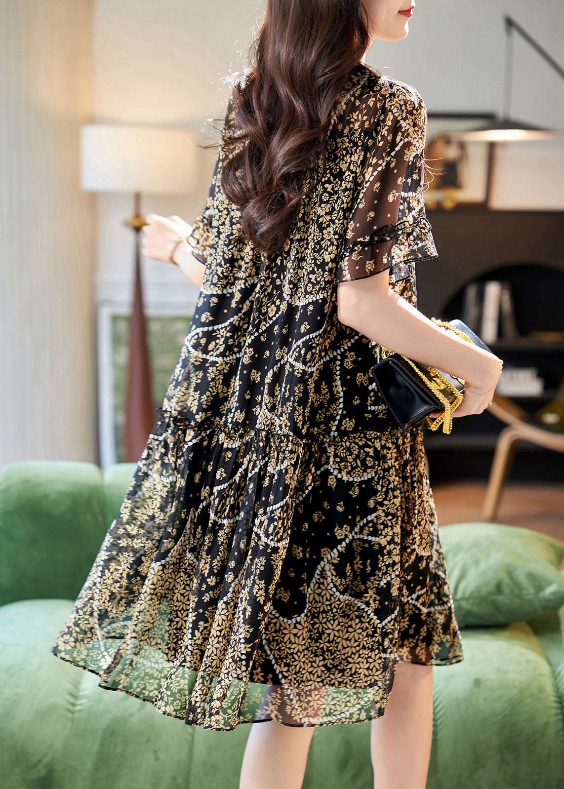 Patchwork Dress Lace Neck Elegant Summer Print Black Chiffon O