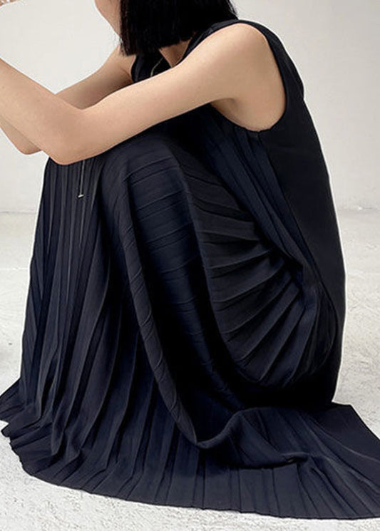 Elegant Black O-Neck Wrinkled Chiffon Long Dress Summer UU1003