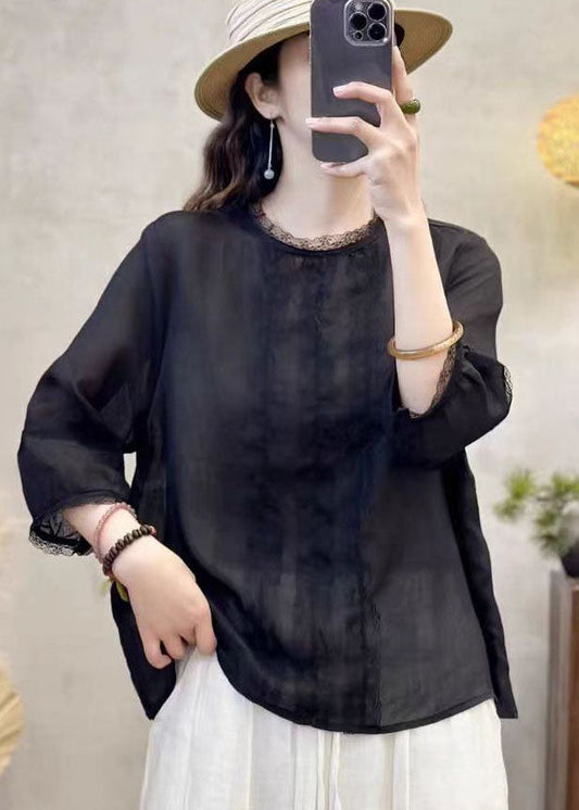Oversized Elegant Eyelash Black Tops Shirt Patchwork Linen