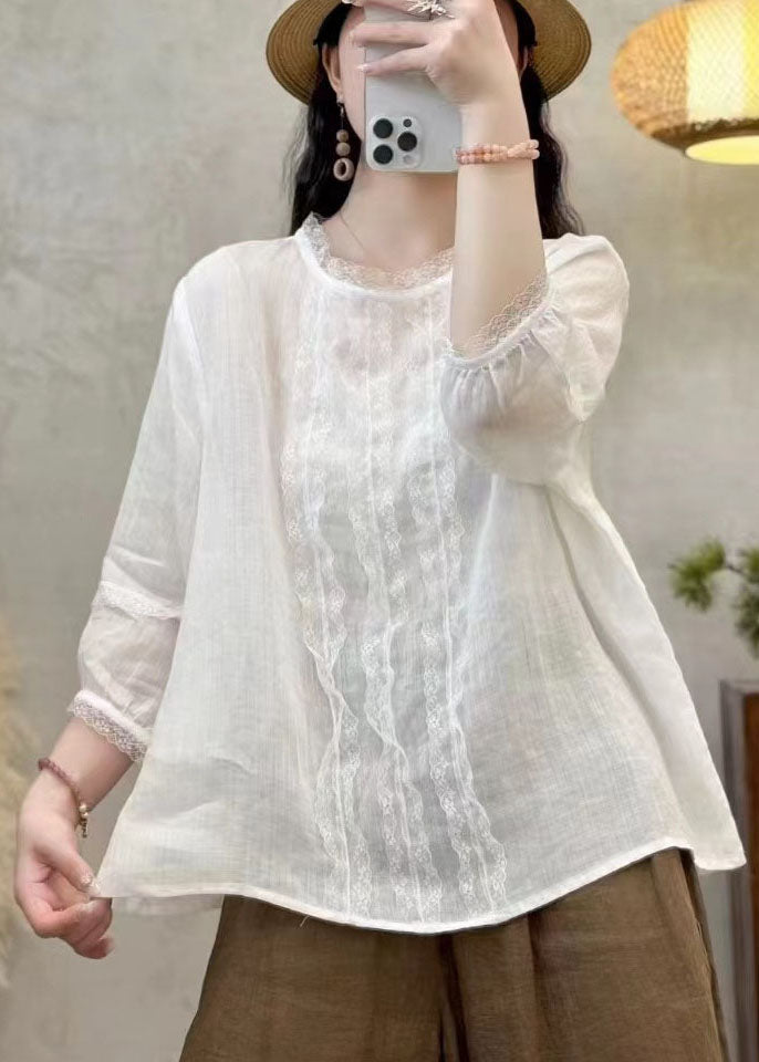 Oversized Elegant Eyelash Black Tops Shirt Patchwork Linen