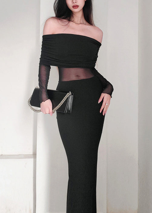 Elegant Black Slash Neck Tulle Patchwork Long Dress Spring YT017