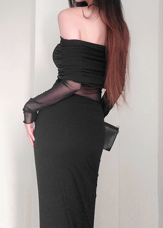 Elegant Black Slash Neck Tulle Patchwork Long Dress Spring YT017