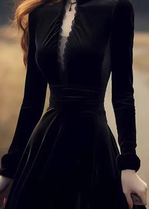Elegant Black Stand Collar Patchwork Slim Fit Velvet Dresses Spring HA1012 Ada Fashion