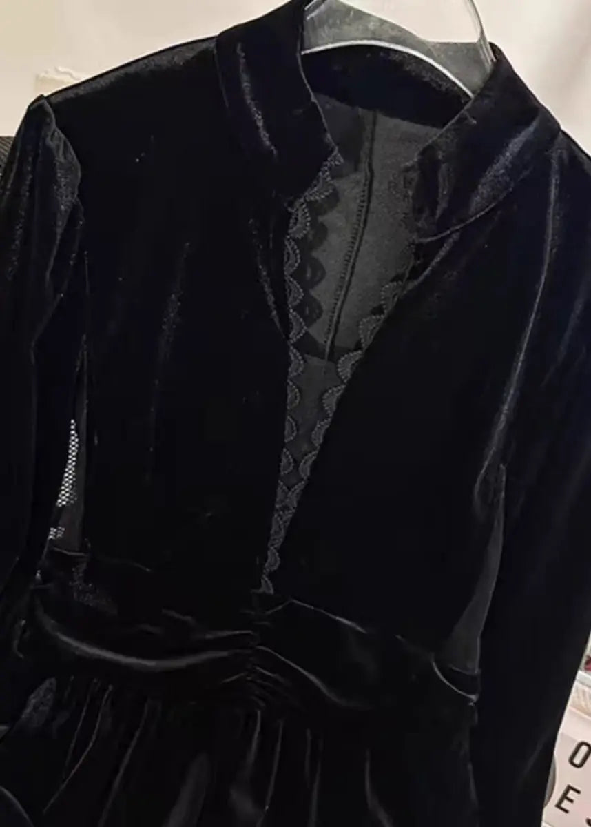 Elegant Black Stand Collar Patchwork Slim Fit Velvet Dresses Spring HA1012 Ada Fashion